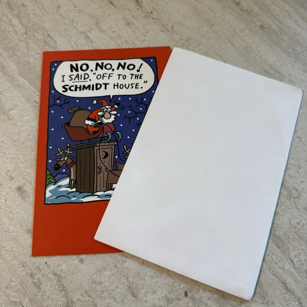 Funny VTG Christmas Card + Envelope Santa & Reindeer Greeting Inside UNUSED‎